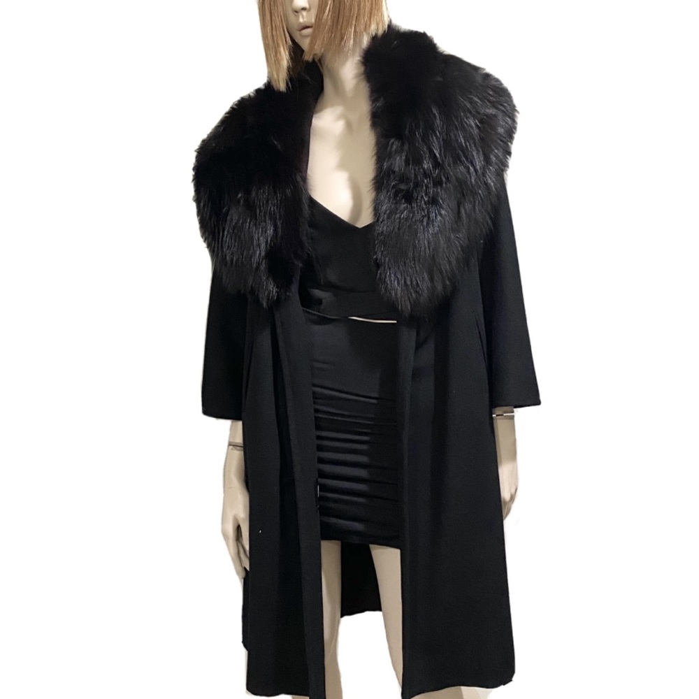 Vintage CAPELLA A Luxurious Fabric Fur Collar Black Open front Long Coat